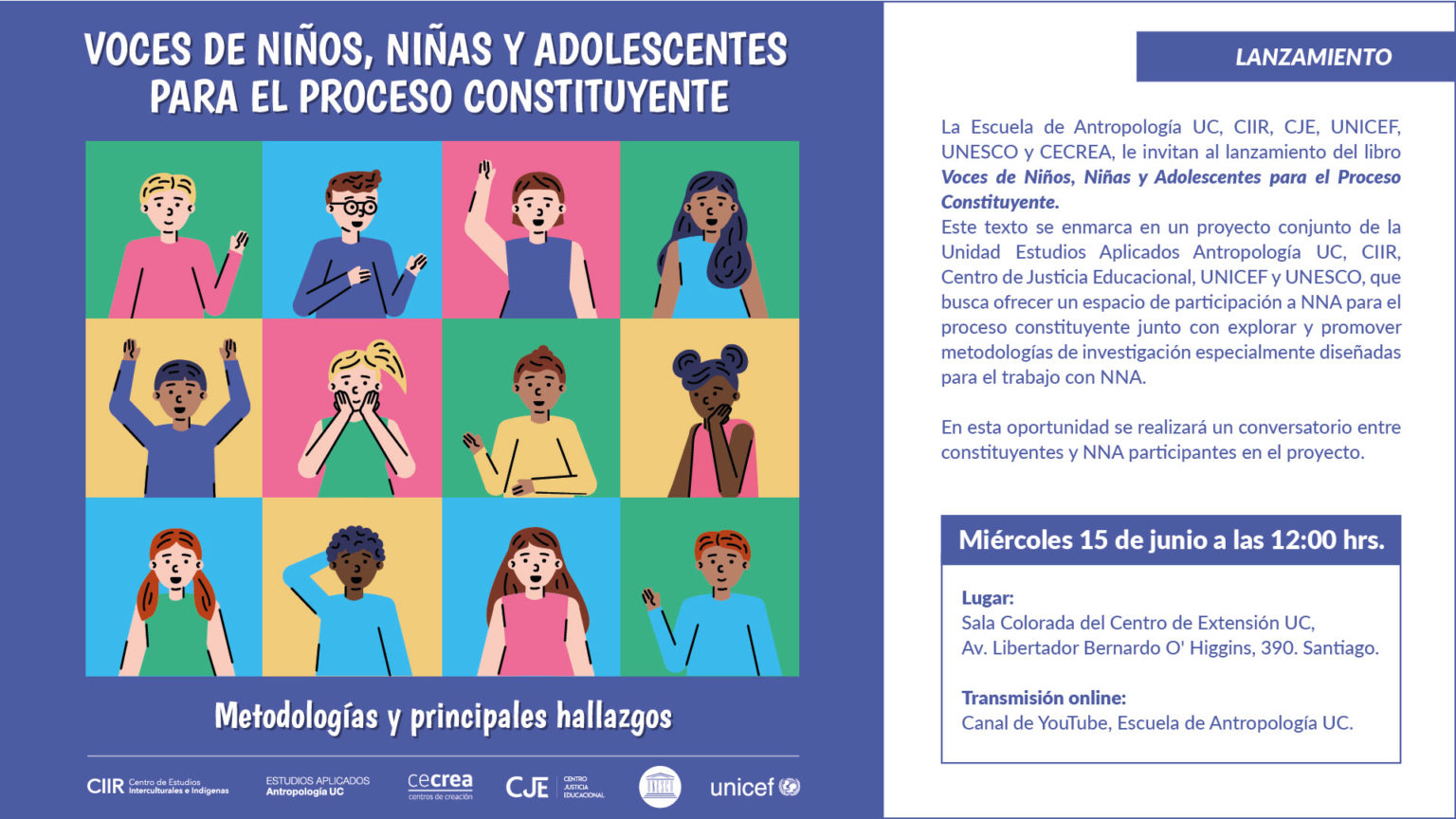 Escuela de Antropología de la Universidad Católica de Chile invita al Lanzamiento del libro “Voces de Niños, Niñas y Adolescentes para el Proceso Constituyente”