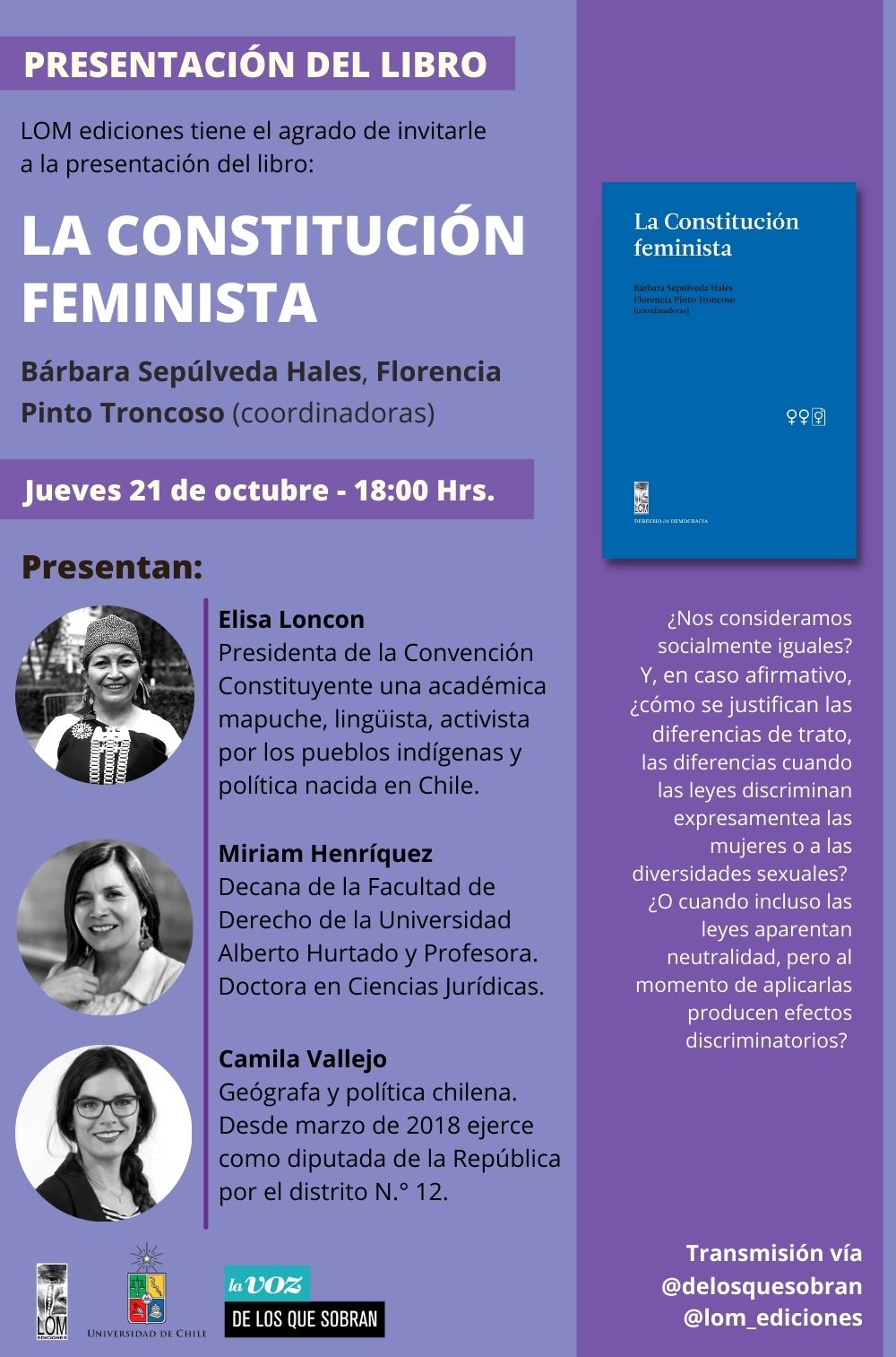 La constituyente Bárbara Sepúlveda invita al lanzamiento del libro “La Constitución feminista”